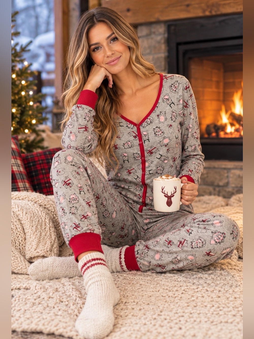 George Women’s M Grey Printed One Piece Pajama Jumpsuit Union Suit Holiday